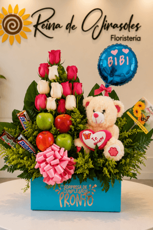 Ancheta 02 de Dulces con Rosas, Peluche Mediano y Manzanas