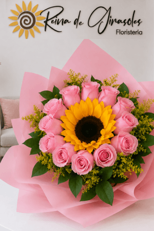 Bouquet x 12 Rosas Rosadas y 1 Girasol