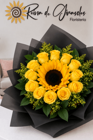Bouquet x 12 Rosas Amarillas y 1 Girasol