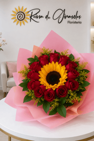 Bouquet x 12 Rosas Rojas Y Un Girasol